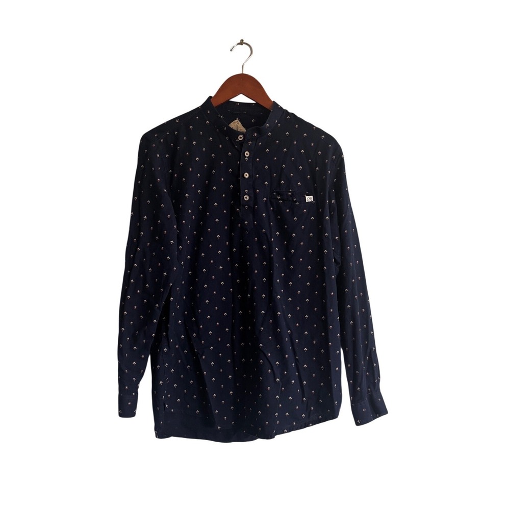 Blu Olives Essential Navy Blue Geometric Print Mandarin Collar Henley Top L 40cm
